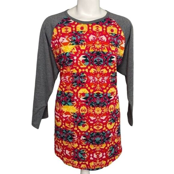 LuLaRoe Randy Raglan Sleeve Gray‎ Pink Yellow Geometric Pattern Sz 2XL NEW - Picture 1 of 8